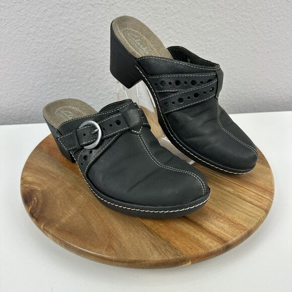 Clarks Bendables Black Leather Buckle Clogs‎ Women’s 8M Boho Rock Comfort Slipon - Picture 1 of 8